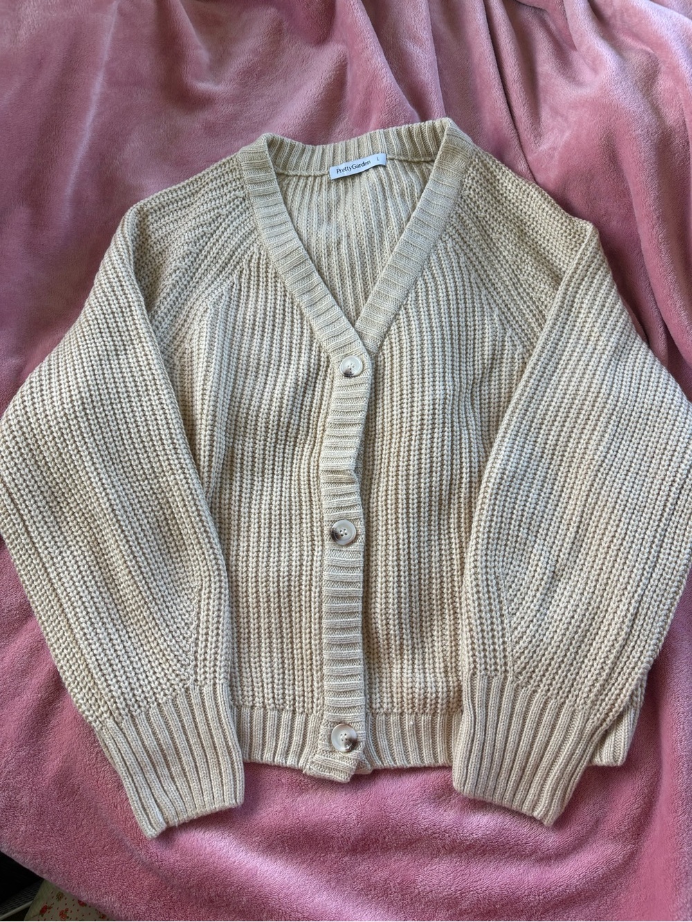 Cream Ribbed V-Neck Button Cardigan